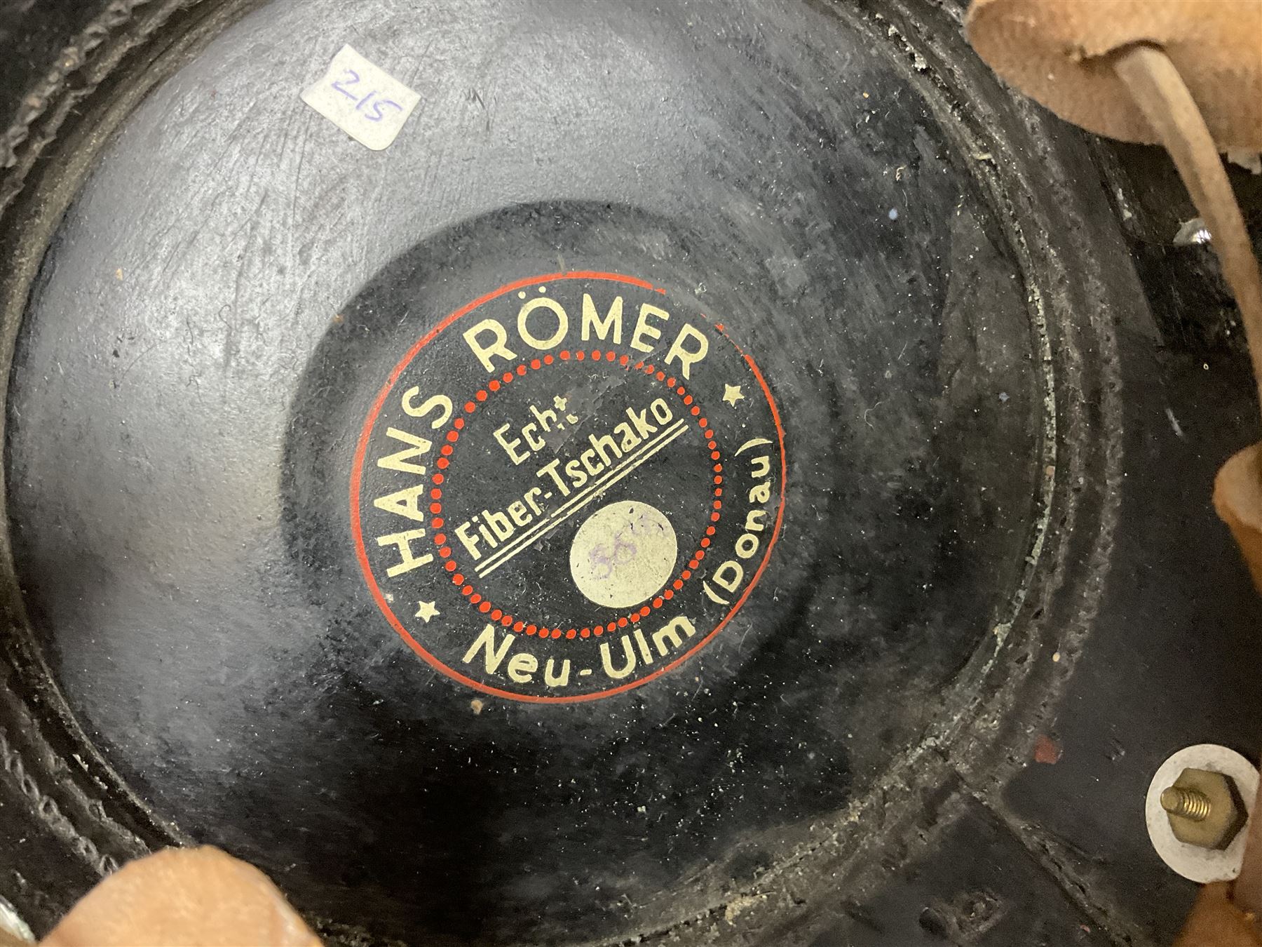 WW2 German rural police shako with helmet plate and liner; bears label 'Hans Romer Echt Fiber-Tschako Neu-Ulm (Donau)'