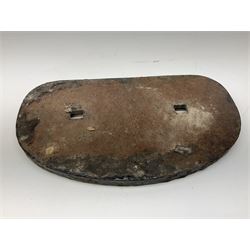 Three cast iron railway wagon plates of D shaped form to include Southern Railway, LMS and GWR, L27.5cm