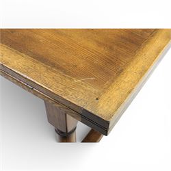 Titchmarsh & Goodwin - stained oak draw leaf dining table, raised on turned supports with H-stretcher, extends to 273cm
