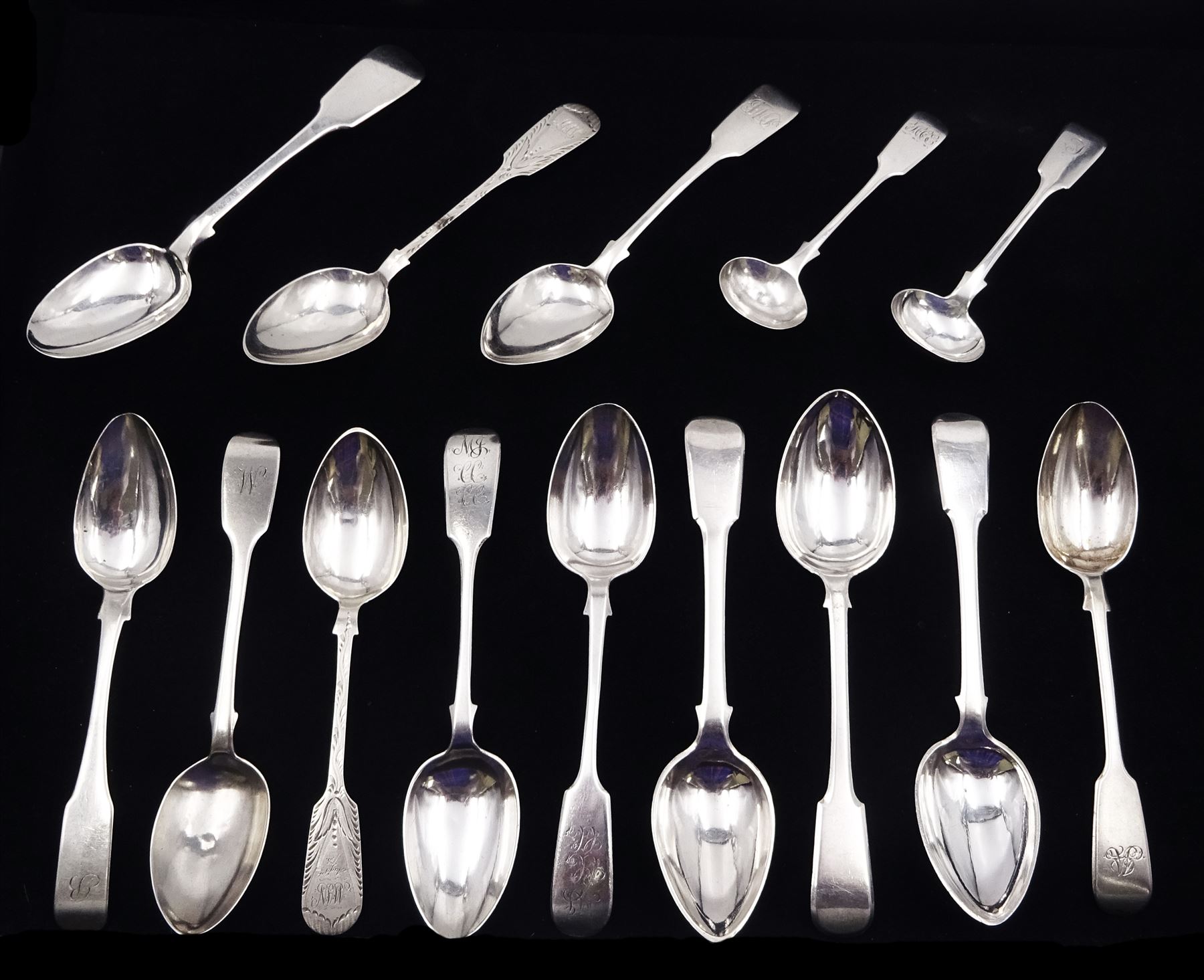 Collection of fourteen silver Fiddle pattern spoons, comprising a Scottish provincial teaspoon, hallmarked William Richie, Perth circa 1800, three Maltese silver teaspoons, a Victorian pair of teaspoons, hallmarked Josiah Williams & Co, Exeter 1876, a Victorian pair of teaspoons with bright cut decoration, hallmarked John Pope Genge, Exeter 1874, four other Victorian teaspoons, each hallmarked Exeter, together with two Fiddle pattern mustard spoons, the first example, hallmarked Thomas Hart Stone, Exeter 1870, and the second example, hallmarked Robert Williams & Sons, Exeter 1850