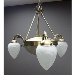  Two metal hanging ceiling lights with three branches, domed frosted glass centre and pointed light shades  