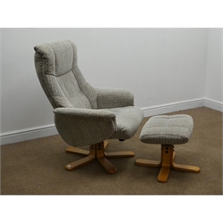  Beevers Shangri-La reclining armchair, upholstered in wheat fabric (W79cm) and matching footstool   
