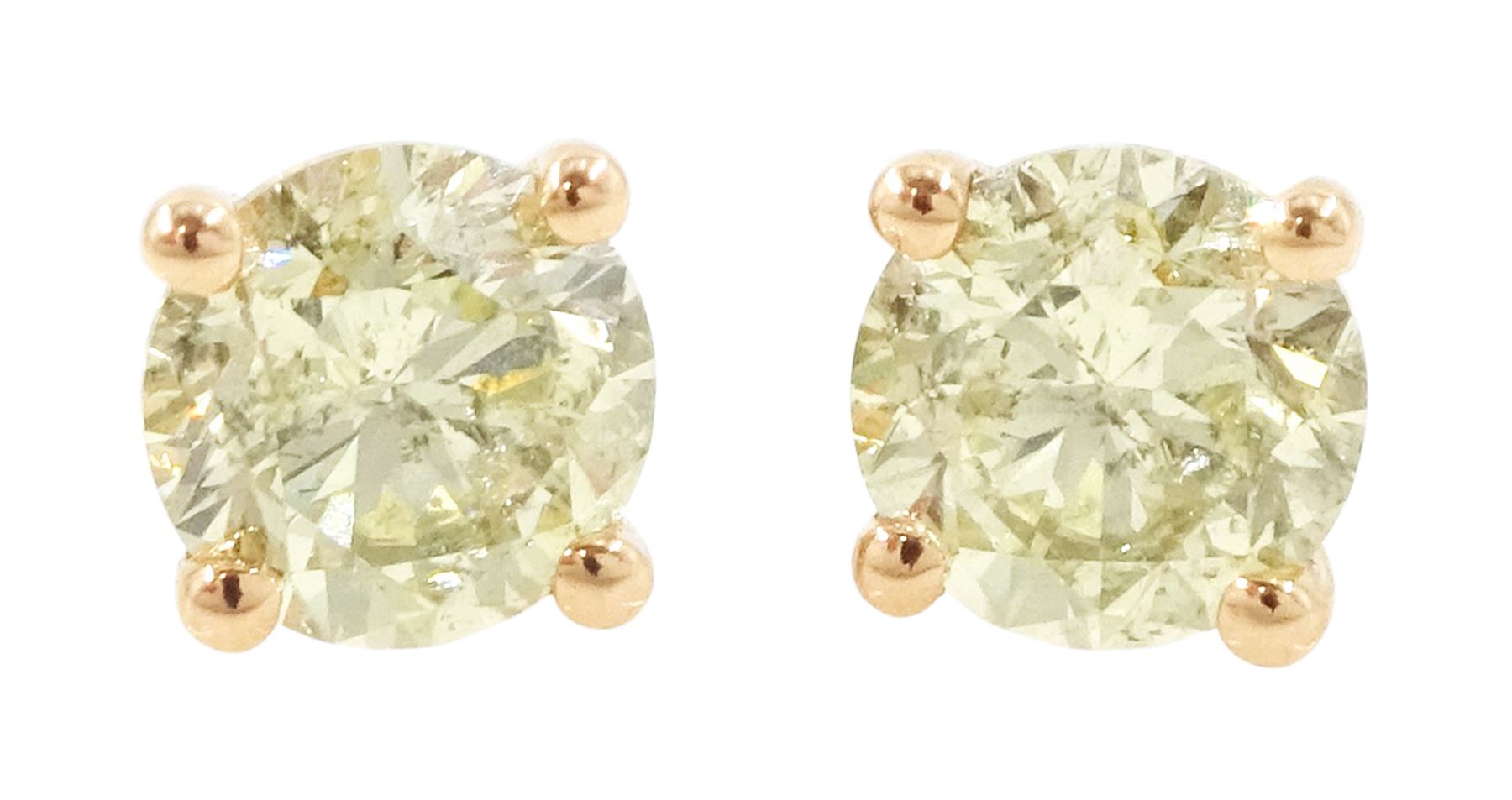 Pair of 18ct rose gold fancy yellow diamond earrings, each stud four claw set with a round brilliant cut diamond, stamped 750, total diamond weight approx 1.00 carat