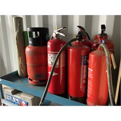 Tool racking, fire extinguishers, gas, loft ladder, garden tools, tripod, burner and other tools - THIS LOT IS TO BE COLLECTED BY APPOINTMENT FROM DUGGLEBY STORAGE, GREAT HILL, EASTFIELD, SCARBOROUGH, YO11 3TX