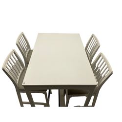 IKEA - 'Ekedalen' bistro set, rectangular table raised on chamfered supports (W121cm D80cm H106cm); and set four bar stools, stick back, in white finish
