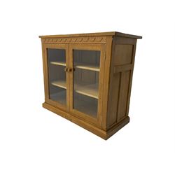 Catman - Yorkshire oak side cabinet, fitted with two glass doors, carved inset Cat signature, by Chris Checksfield of Whitby (Ex Gnomeman)