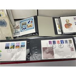 Stamps including Great British and Channel Islands first day covers, with various postmarks and genres, reference material etc, housed in various folders and loose, in one box