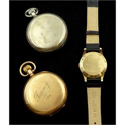 Smiths De Luxe 9ct gold gentleman's 15 jewels manual wind presentation wristwatch, with subsidiary seconds dial, Edinburgh 1961, on black leather strap, cased, Limit gol-plated pocket watch and one other