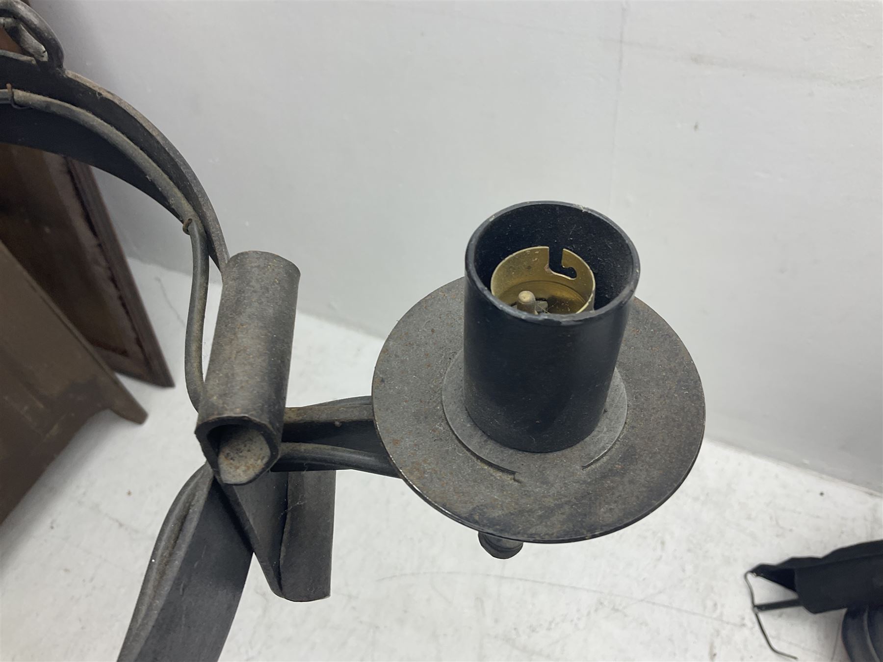 Pair of gothic style wrought iron ceiling lights, each with four branches, D58cm