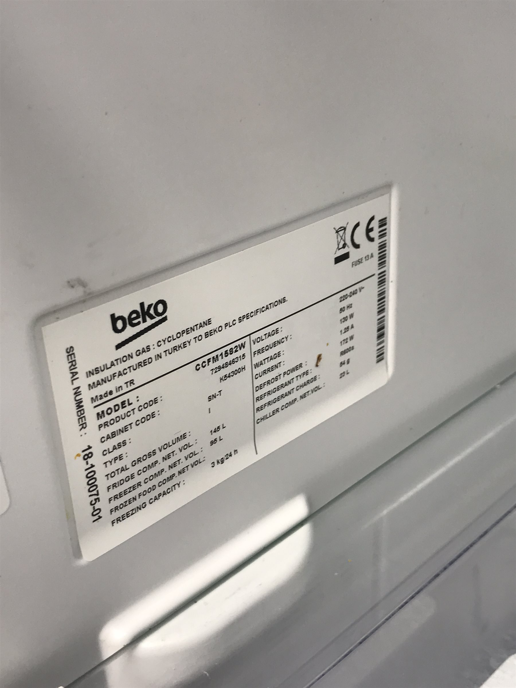 BEKO fridge freezer, model no. CCFM1582W, W55cm