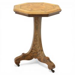 Late Victorian walnut and marquetry occasional table, the octagonal top with moulded edge ...