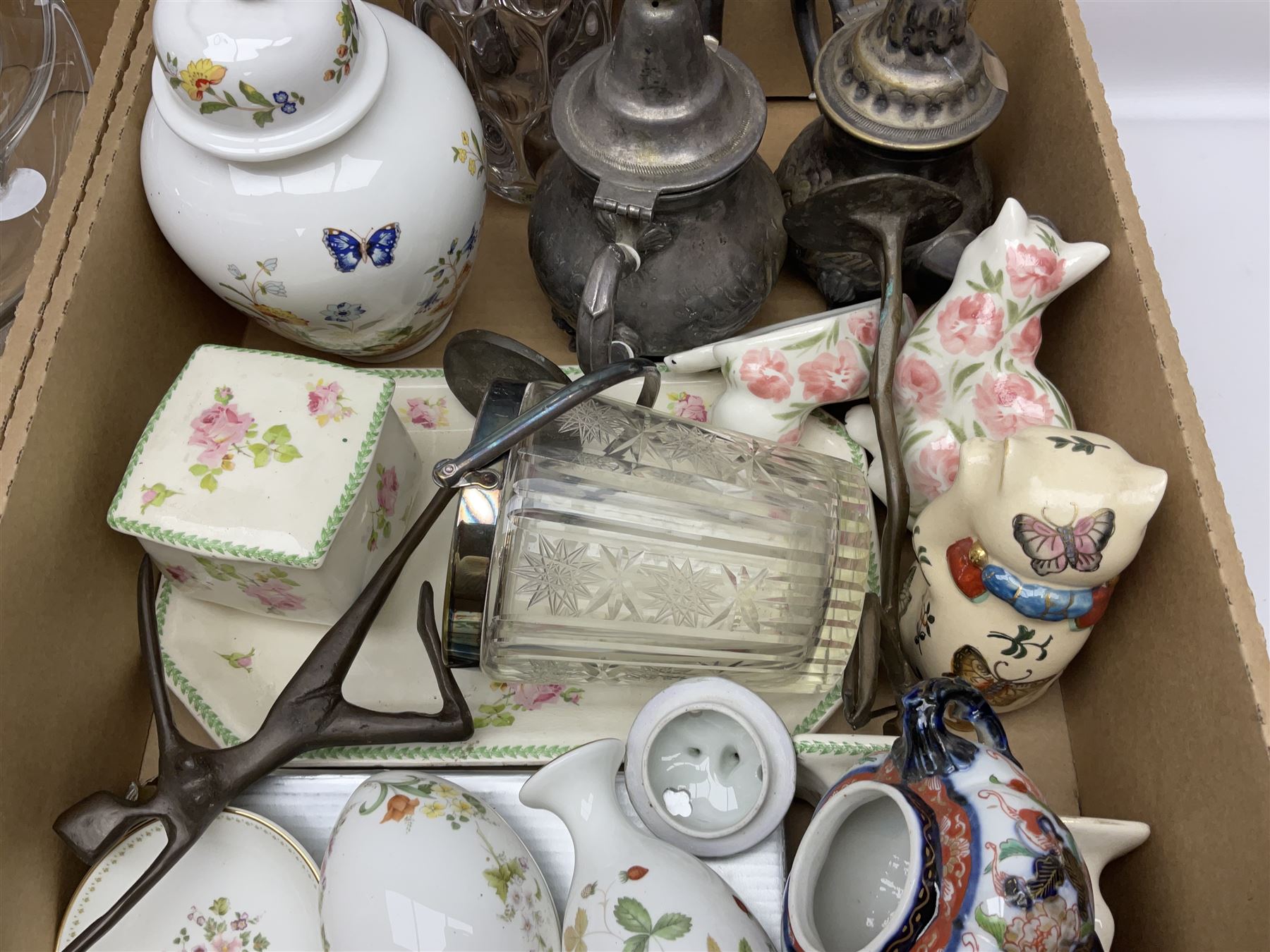 Four pieces of art glass, including twin handled basket bowl, etched glasses and matching decanter and a collection of other ceramics and glassware, in three boxes