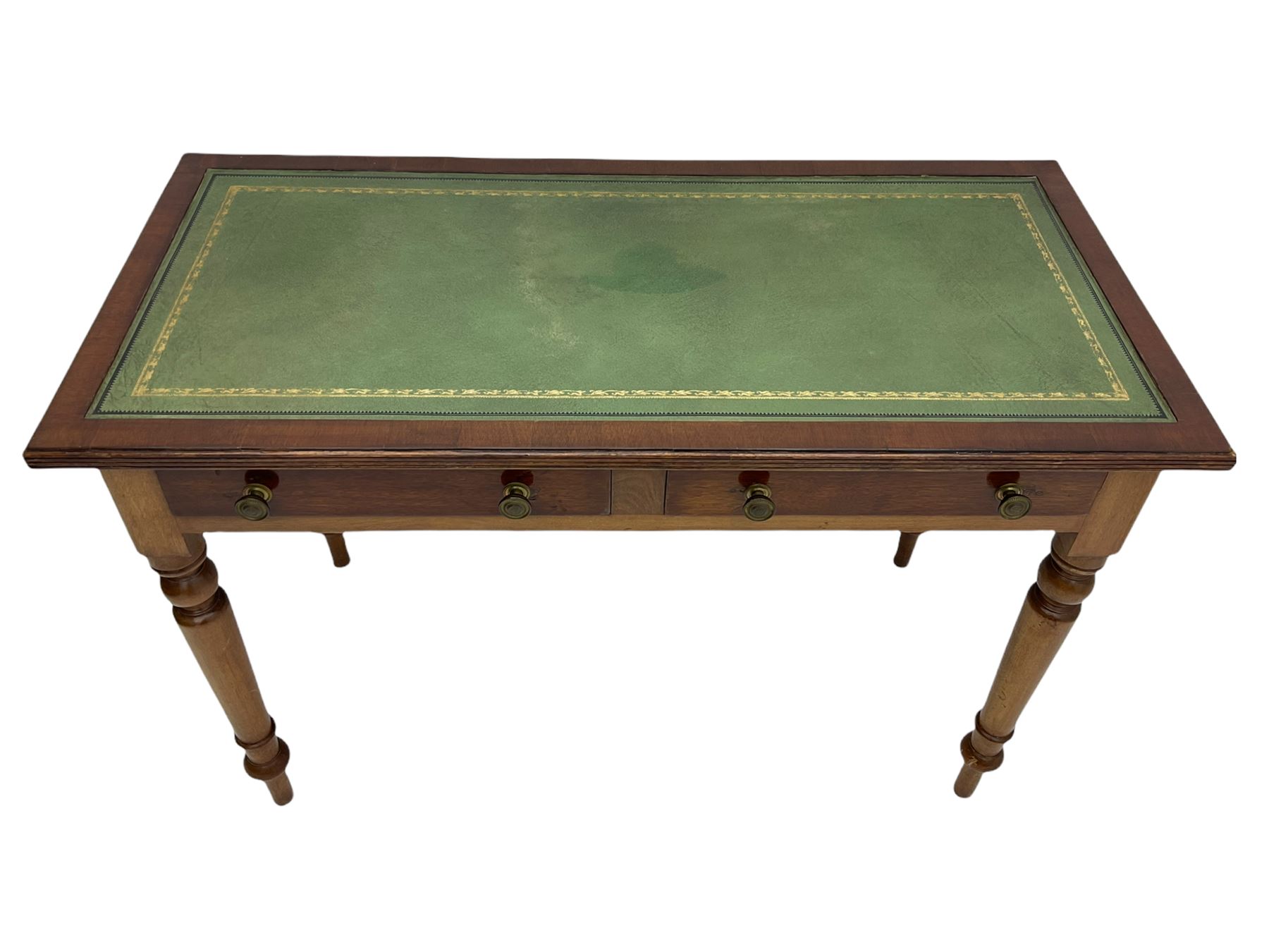 20th century mahogany writing table, inset leather top, fitted with two drawers