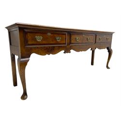 Georgian design oak dresser base, moulded rectangular top over three drawers with moulded fronts and mahogany bandings, shaped apron on cabriole front supports