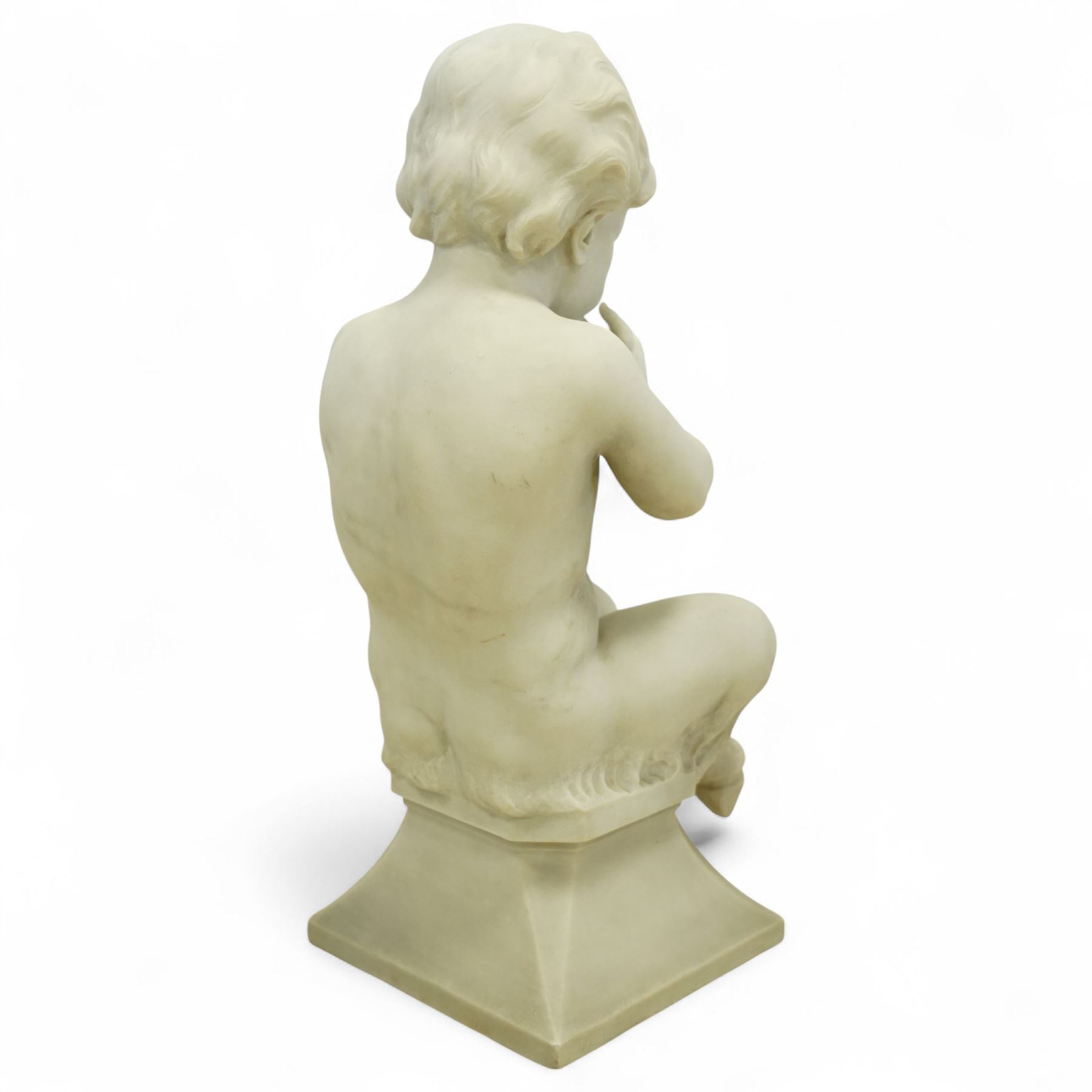 Follower of Claude Michel Clodion (French 1738-1814): The Putti-Faun Orchestra - set of four Italian carved white marble figures of child satyrs as musicians, each finely carved figure depicting a seated putto-faun with youthful features and small goat’s legs and cloven feet, variously playing rustic instruments: a syrinx (Panpipes), a flute, a tambourine and clappers - each raised on an integral waisted square plinth, Italian, circa 1900

Provenance: Kirkham Hall

Notes: Inspired by the rustic god Pan and his followers, these putti-fauns reflect the late-19th-century revival of classical themes popular with Grand Tour collectors; their instruments evoke the god Pan’s pastoral music, while the carving and  composition exemplify the appeal of bacchic subjects in the Italian neoclassical tradition