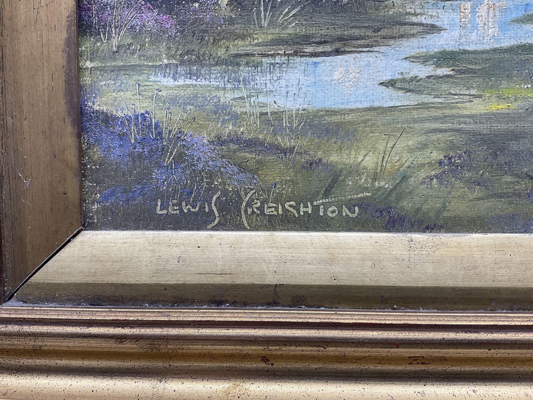 Lewis Creighton (British 1918-1996): Sheep Wandering the Moors, oil on board signed 39cm x 49cm 