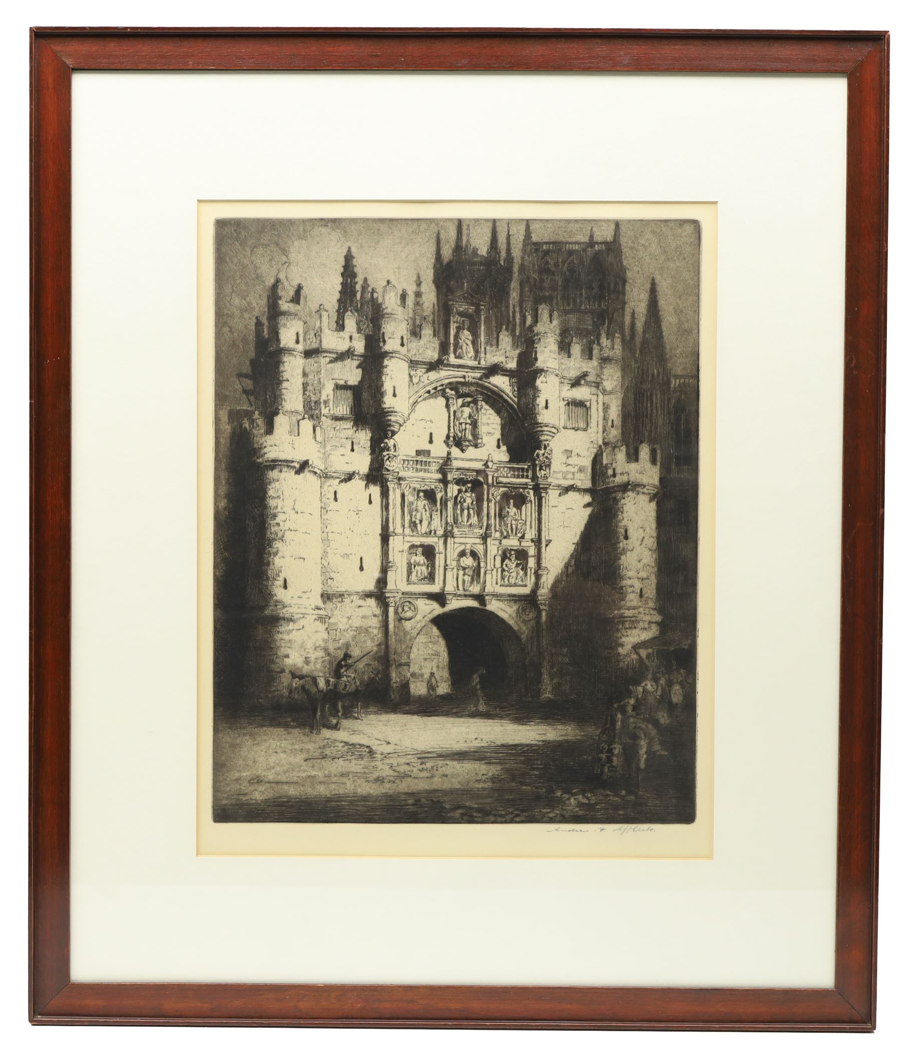 After Robert Morden (British 1650-1703): 'The County Palatine of Chester', hand coloured etching; together with a collection of architectural etchings and ink drawings, variously signed max 38cm x 47cm (6)