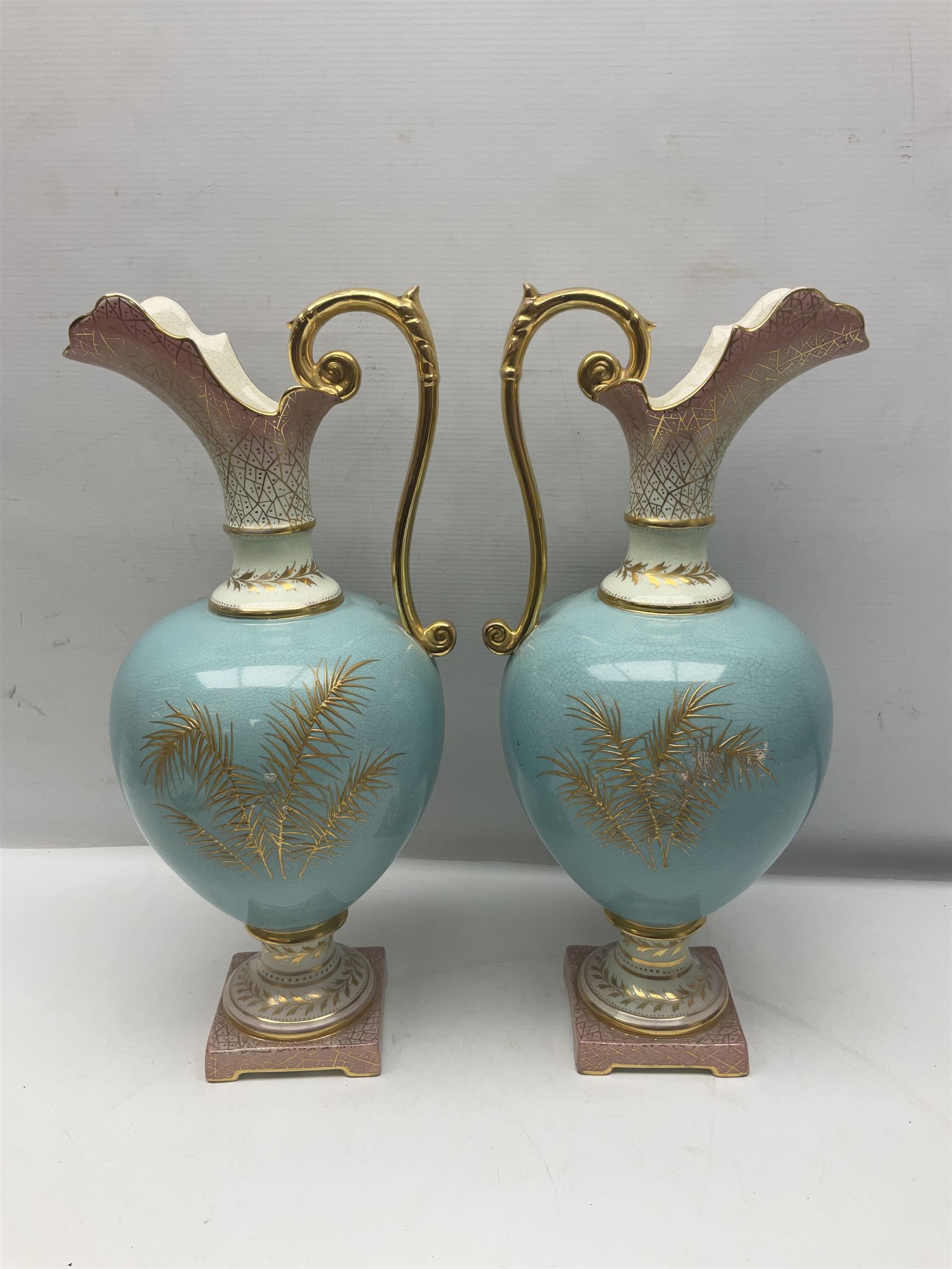 Pair rubian art pottery jugs and pair painted Doulton plates, jugs H42cm