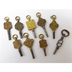  Collection of nine 'Advertising' watch keys including a Geo.lll ratchet key, H. Samuel, Samuel Lyon, Blackpool etc (9)  