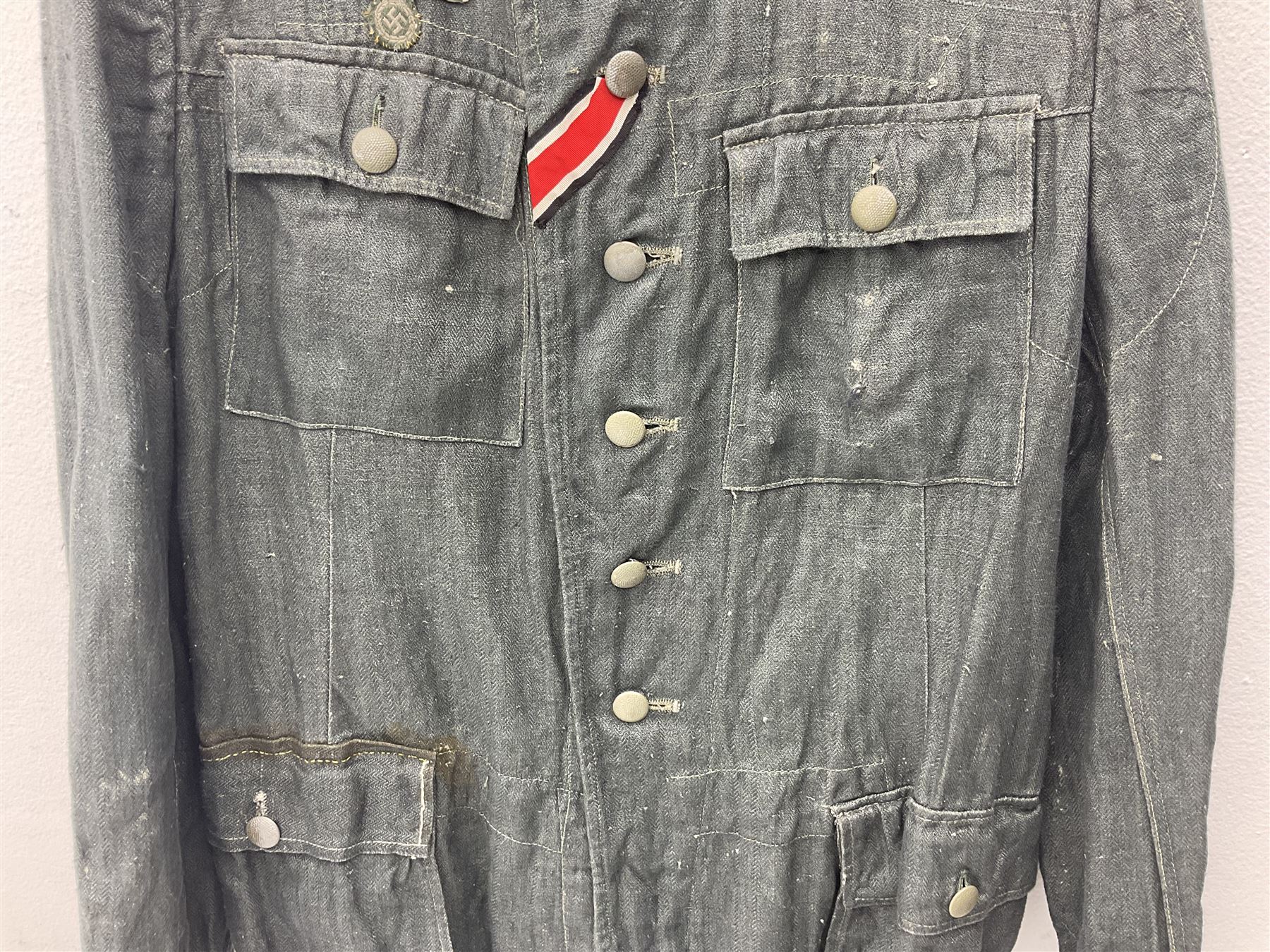 WW2 German Army grey/green herringbone twill four pocket tunic with shoulder tabs for signals regiment, cloth eagle insignia and iron cross ribbon