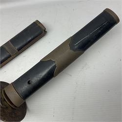 Good quality Japanese sword blade with later WWII fittings and scabbard  - 67.5cm slightly curving blade with unmarked tang, plain iron tsuba and lacquered grip with copper mounts; in lacquered wooden scabbard with tape bound tip L94cm overall