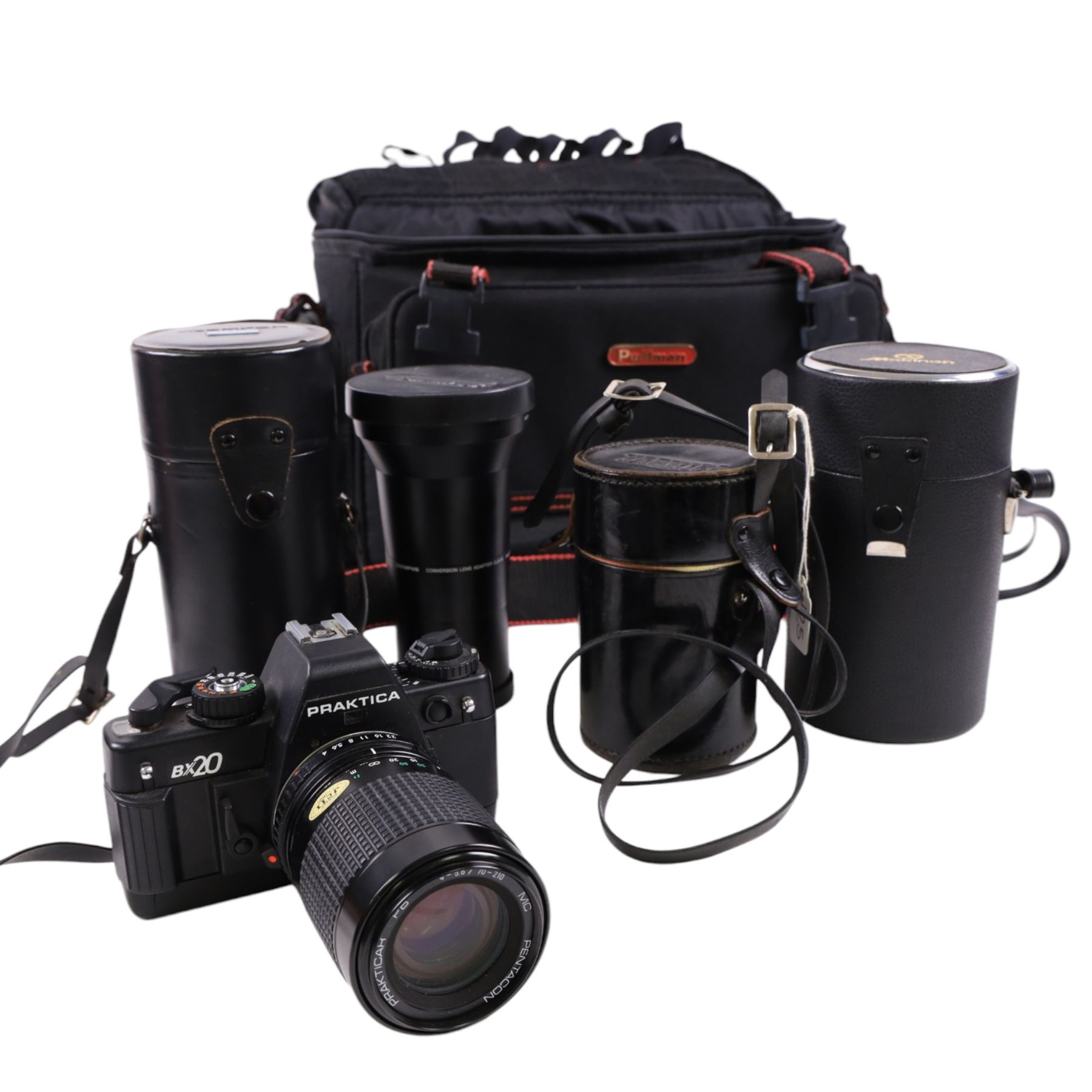 Collection of cameras and lenses including Sony Cyber-shot DSC-W830 serial no. 3225936, Praktica BX20 serial no. 9226279 with Prakticar PB 4-5.6/70-210 MC Pentacon lens, Sigma DL Macro Super 70-300mm lens serial no. 1033689 etc, variously cased