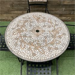 Mosaic and black metal circular garden table and four chairs
