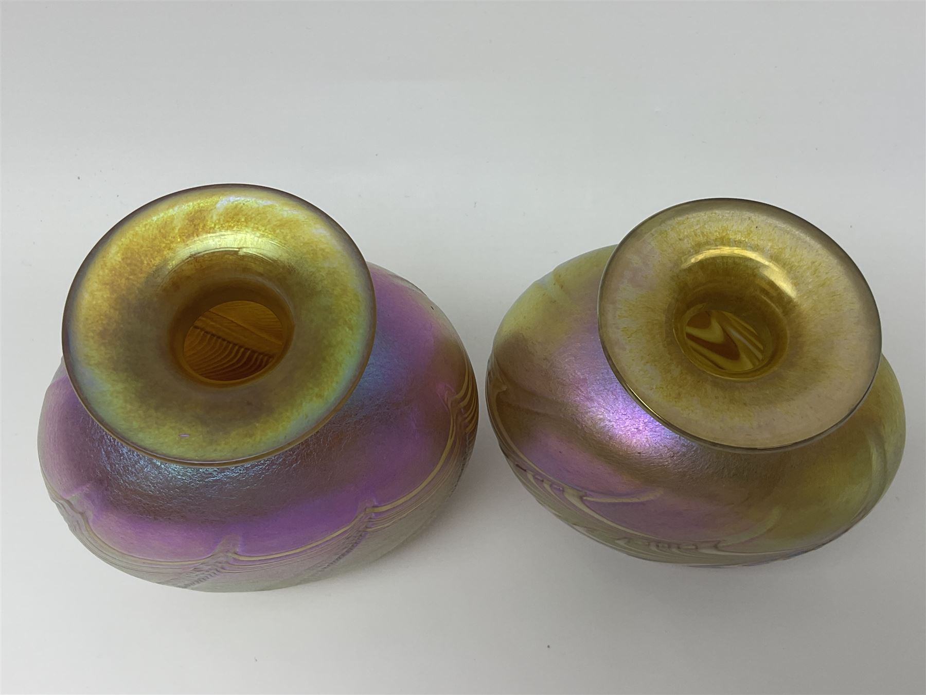 Two Robert Held glass vases, together with Adrian Sankey apple paperweight, vases H10cm 