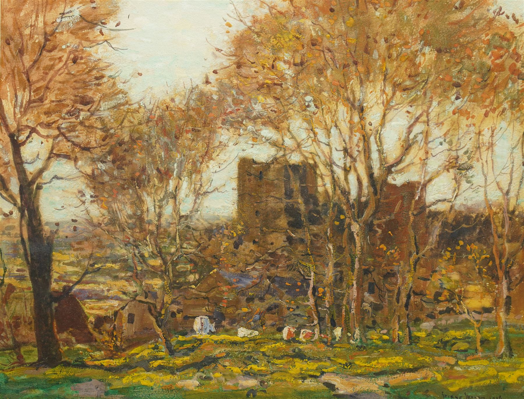 George Graham (British 1881-1941): Cows Grazing at Castle Bolton in Autumn, oil on card signed and dated 1916, 29cm x 38cm