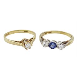 Gold three stone diamond and sapphire ring and a gold single stone diamond ring, both hallmarked 9ct