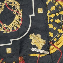 Hermes 'Les Clefs' silk scarf, in the black red and gold colourway, designed by Cathy Latham, 86cm x 86cm