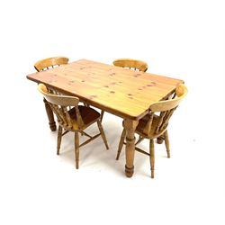 Pine farmhouse dining table and four spindle back chairs