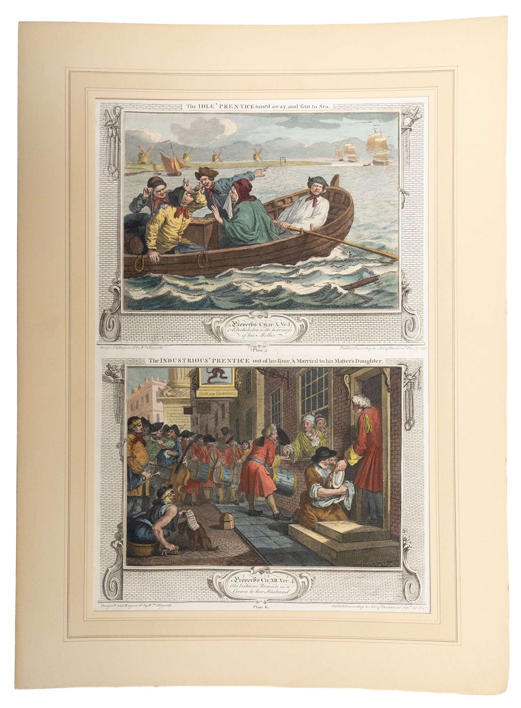 After William Hogarth (British 1697-1764): 'Industry and Idleness' series, complete set of twelve hand-coloured etchings individually titled and dated on the plate 1747, max 53cm x 35cm (7) (unframed)
