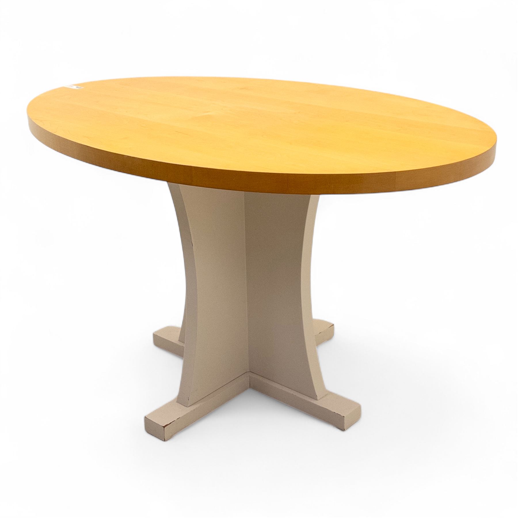 Individual craftsman made maple kitchen dining suite, oval top dining table and contrasting painted pedestal base, together with four adjustable stools with maple top and tubular steel supports (H 48-80cm, W 31cm)