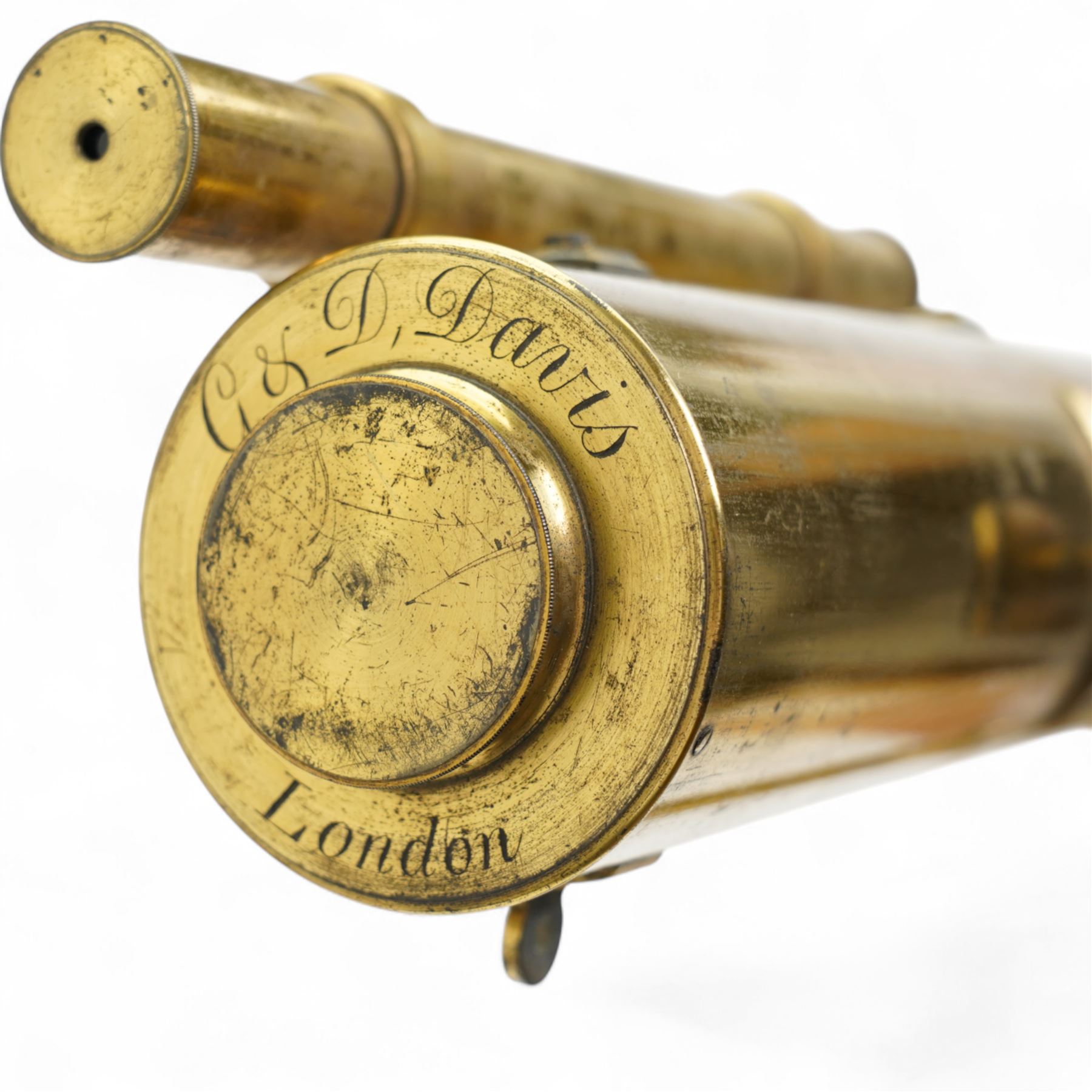 19th century brass telescope by G & D Davis, London on a tripod stand and in mahogany case, length of case 114cm