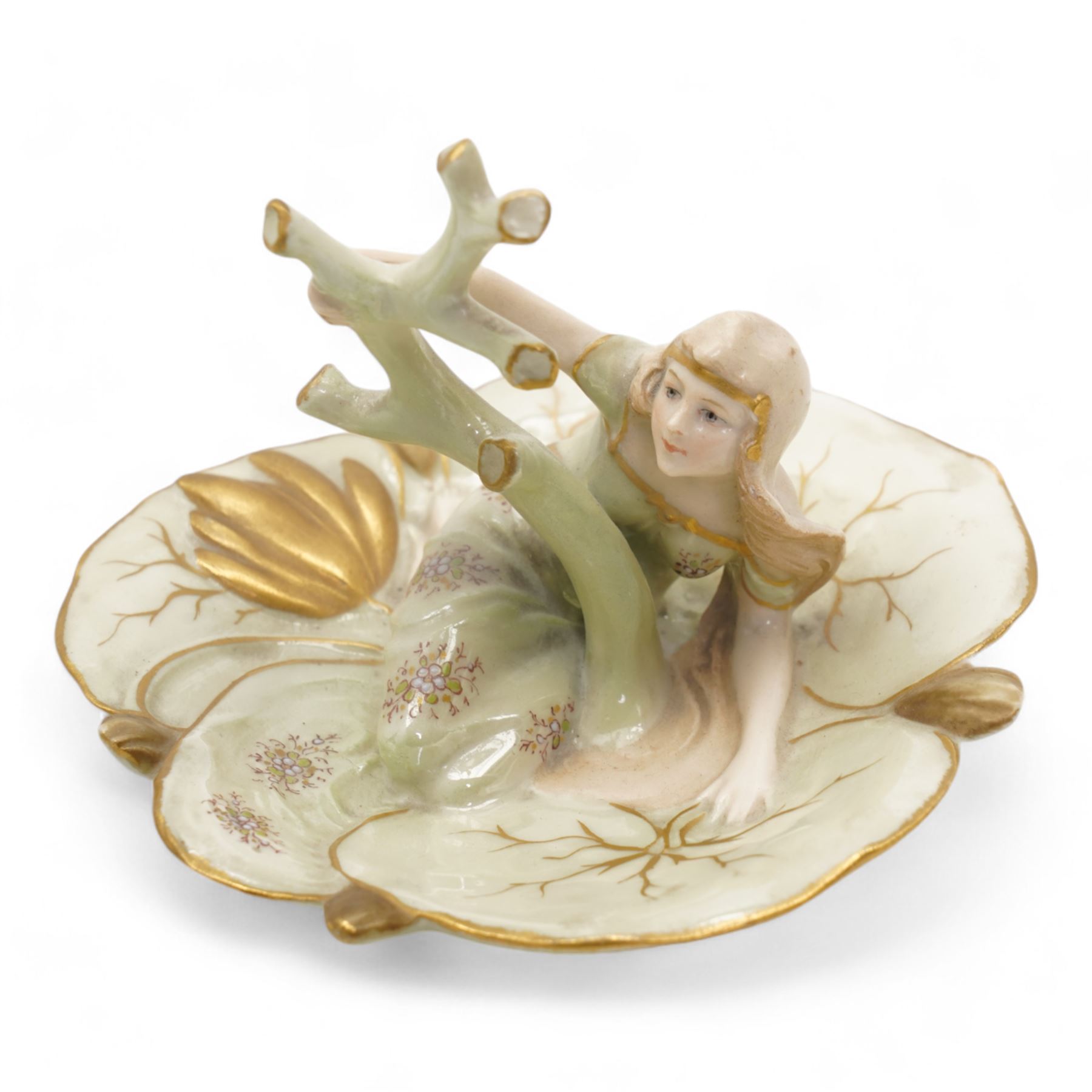 Ernst Wahliss for Turn Wien Austrian Art Nouveau dressing table set, comprising tray, pair of trinket boxes, ring tree and a pair of candle sticks, decorated with maidens and stylised flowers, tray unmarked, tray 42.5cm x 24cm