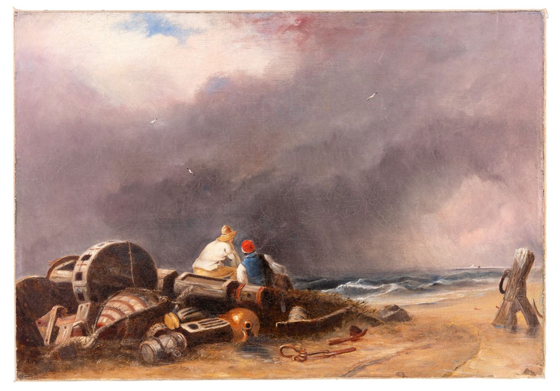 Follower of John Sell Cotman (British 1782-1842): Fishermen Resting on the Norfolk Coast, oil on canvas unsigned 41cm x 59cm