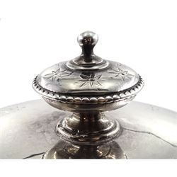 Victorian twin handled silver biscuit barrel, hinged lid and circular body with bright cut decoration and crest, raised on three ball feet by John, Edward, Walter & John Barnard (Barnard & Sons Ltd), London 1869 approx 24oz