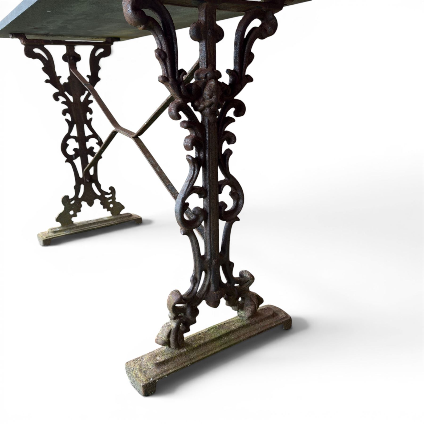 Edwardian ornate cast iron garden table, later rectangular granite top