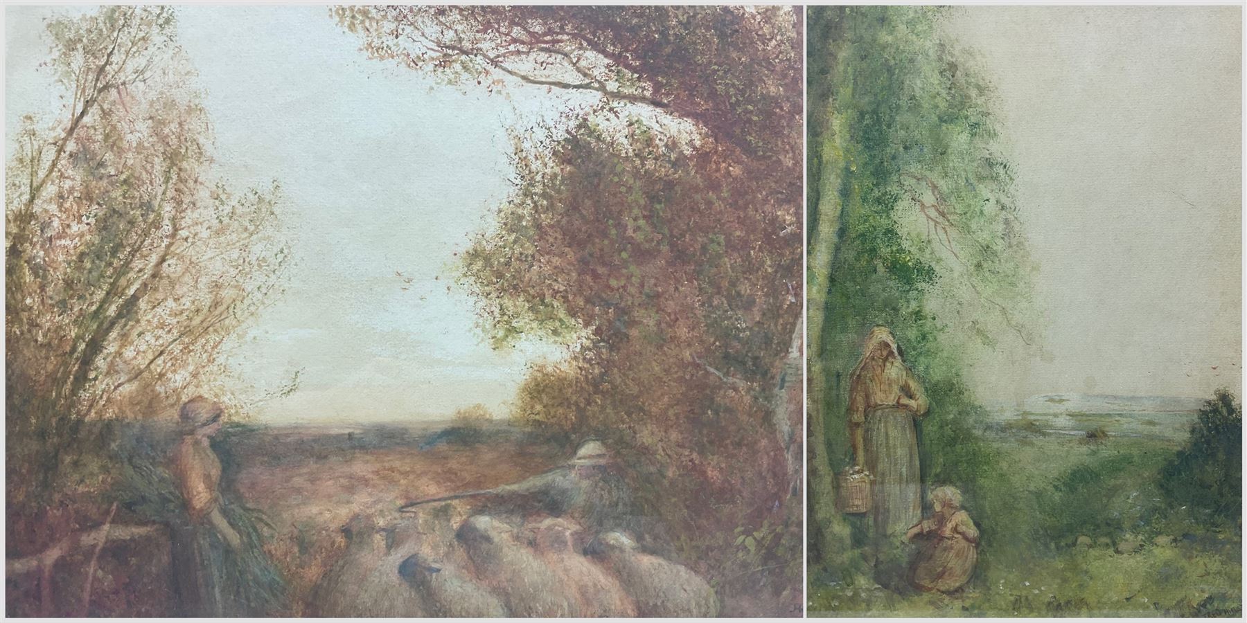 Frederick Hines (British 1852-1952): 'The Passing Flock' and Picking Berries, two watercolours signed, one titled verso max 27cm x 38cm (2)