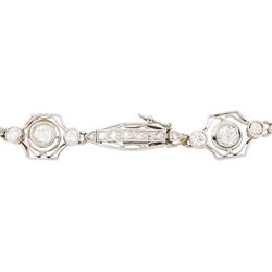 Art Deco French platinum diamond bracelet, six pierced design navette shaped links, set with rose cut diamonds, each spaced by three old cut diamonds, milgrain set in a pierced fancy hexagonal setting, dogs head hallmark, total diamond weight approx 2.00 carat