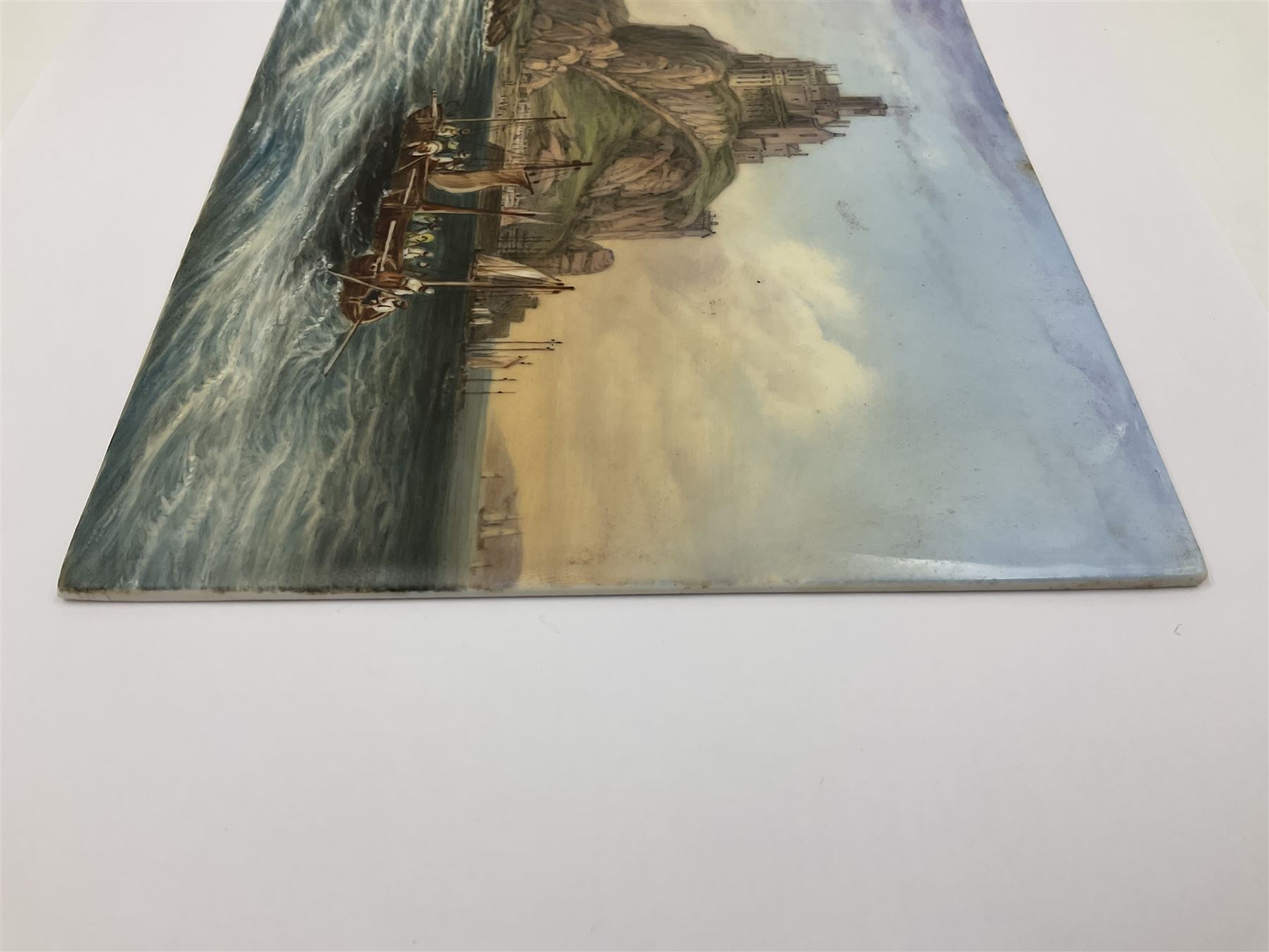Richard Abbott: St Michael’s Mount, painted oil on porcelain plaque, with 'St Michaels Mount painted by R. Abbott', inscribed on reverse, H15cm, W19cm