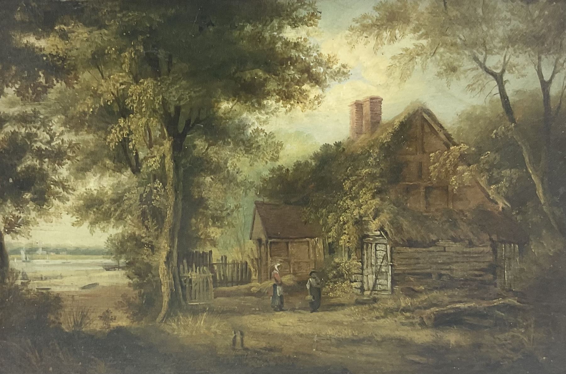 English School (19th century): Cottage by the Lake, oil on panel unsigned 21cm x 31cm