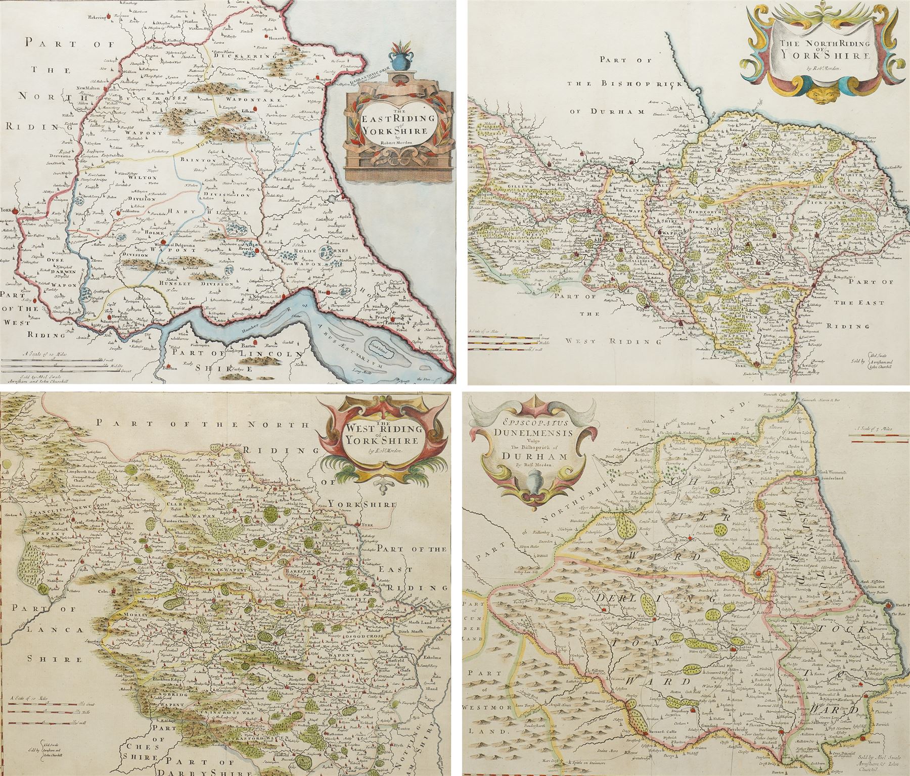 Robert Morden (British 1650-1703): 'The East Riding' 'West Riding ' 'North Riding of Yorkshire' and 'Episcopatus Dunelmensis Vulgo - the Bishoprick of Durham', set of four 17th/18th century engraved maps with hand-colouring 37cm x 42cm (4)