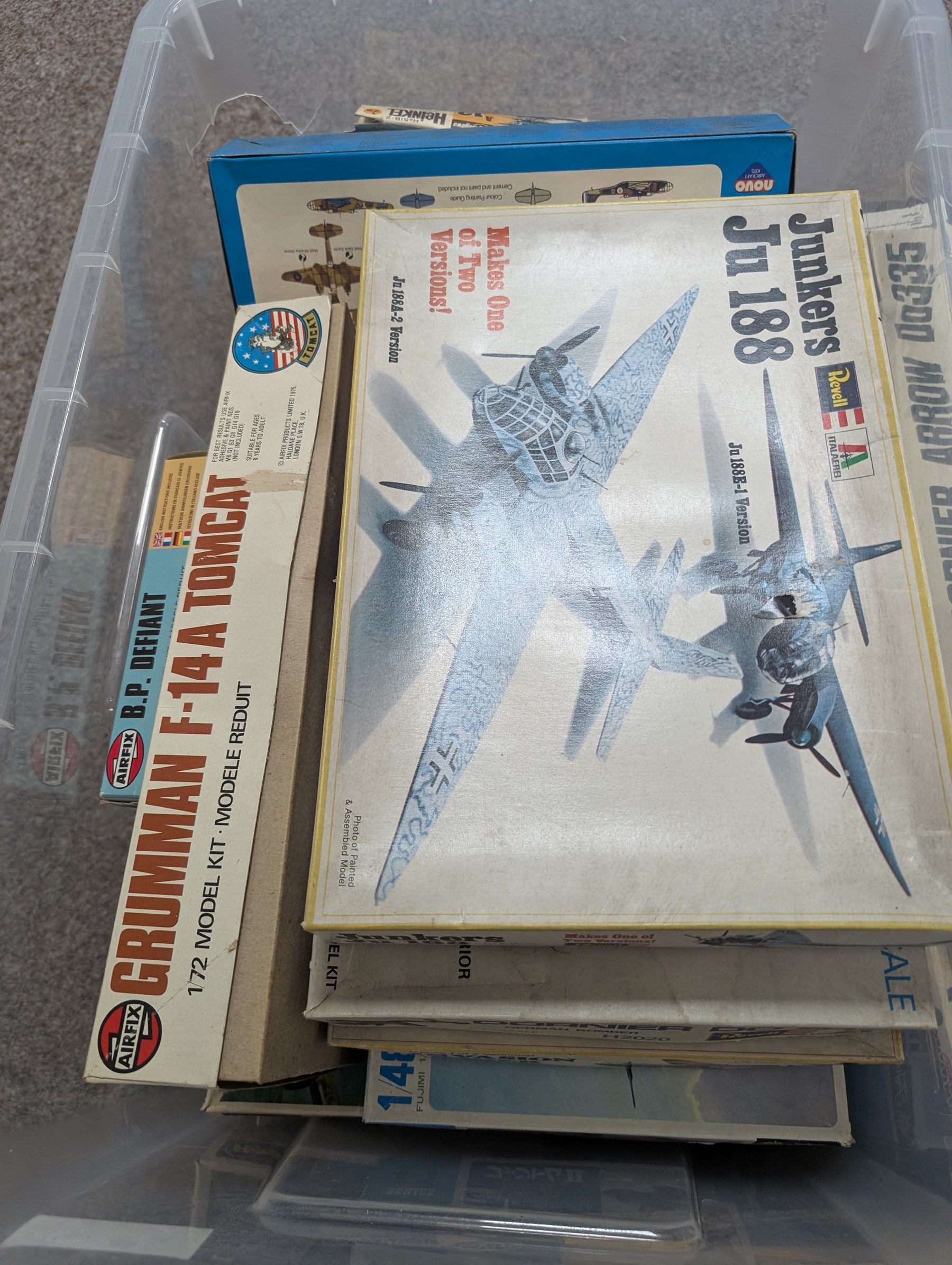 Collection of aeroplane model kits in three boxes, including Revell, Monogram, Airfix, etc