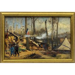 Eugène Louis Gillot (French 1867-1925): WWl French Troop Camp 'Joffreville', oil on board signed and dated 1915, 34cm x 53cm