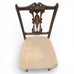 Quality Edwardian seven piece inlaid salon suite, comprising three seater settee, pair of arm chairs and four chairs with pierced splat backs, upholstered in pale pink fabric, inlaid with flowering urns, upon tapering legs with spade feet and castors