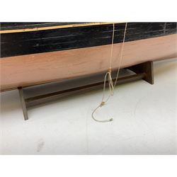 Three masted kit built sailing ship with cloth sales, deck fittings and full rigging, on open display, L110cm, H80cm  