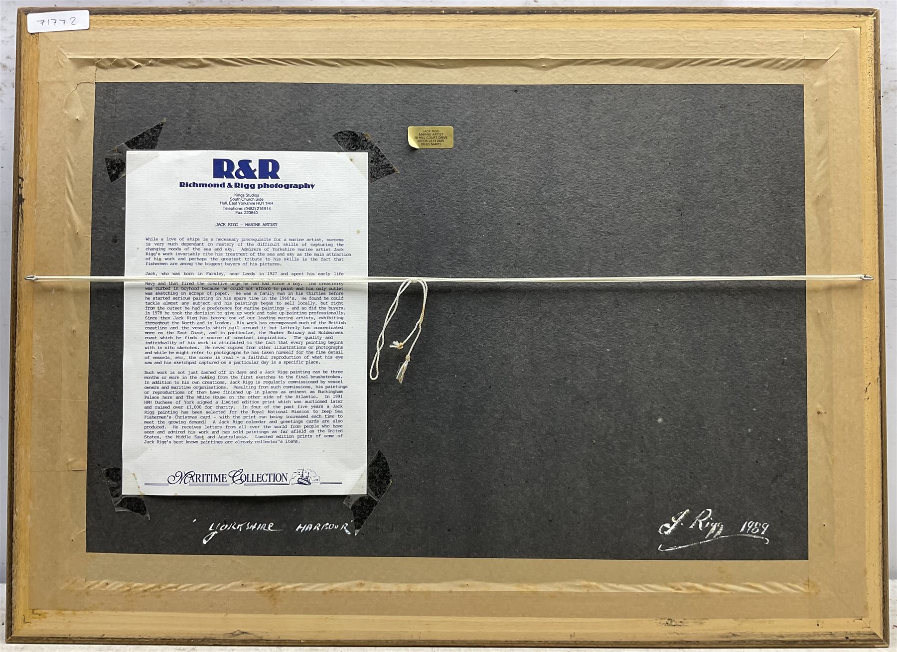 Jack Rigg (British 1927-2023): 'Yorkshire Harbour' - Scarborough, oil on canvas board signed and dated 1989, titled verso 44cm x 64cm