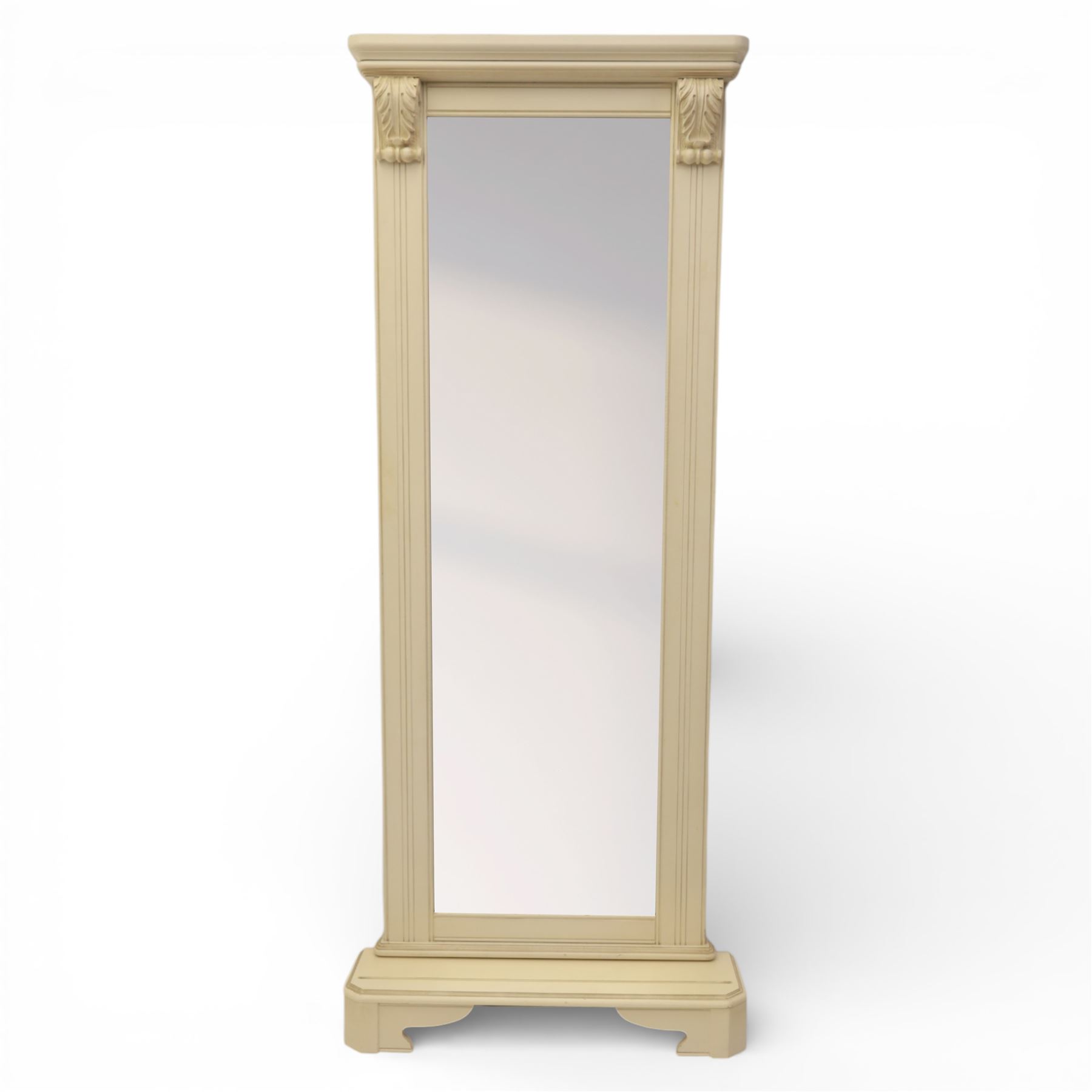 Contemporary French design white painted bedroom suite retailed by Barkers of Northallerton, comprising wide chest fitted with four short and four long drawers with oval brass handles (H 70cm, W 159cm, D 46cm), pair of bedside chests each fitted with three drawers (H 62cm, W 40cm, D 46cm), dressing table fitted with four short drawers and central kneehole with shaped apron (H 79cm, W 131cm, D 46cm) with matching framed wall mounted mirror (H 100cm, W 113cm), and full length standing mirror (H 175cm, W 73cm)